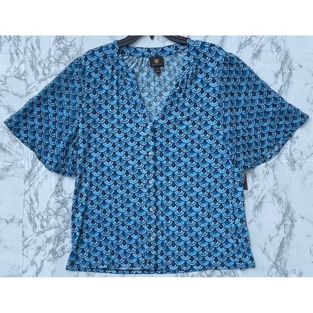 JM Collection Size M Blouse Boho Paradise Blue Print Button-Front Blouse